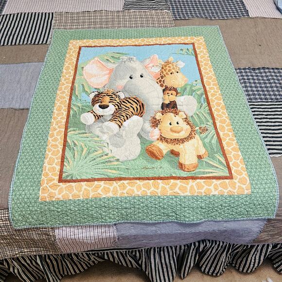 Baby Quilt Jungle Babies Green Brown Yellow 46.5" x 37.5" Green Gingham Backing - Picture 2 of 10